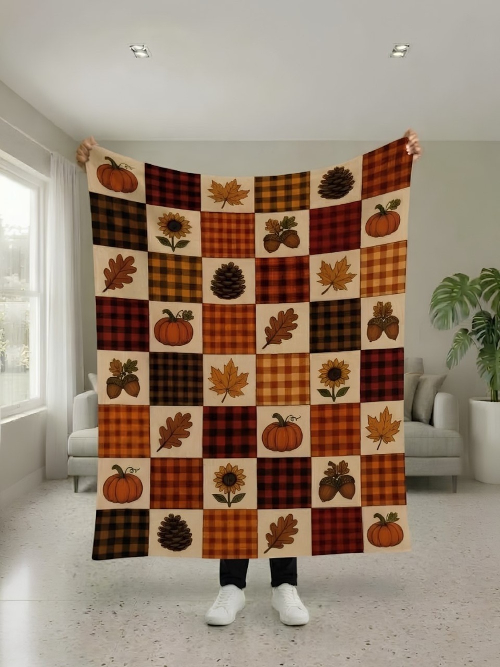 Autumn Patchwork Throw Blanket - Brown & Orange Fall Plaid